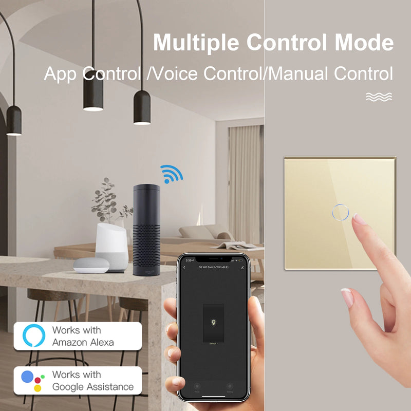 BSEED EU Standard Smart WiFi Light Switch 1/2/3 Gang 1/2/3 Way Touch Wall Switch & Socket Outlet Works with Google Home Alexa