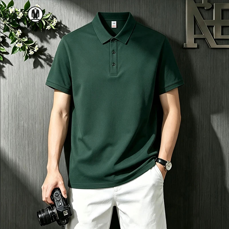 Loose Fit Short Sleeve Solid Polo For Males Turn Down Collar Button Placket Streetwear Simple Casual Wear Top