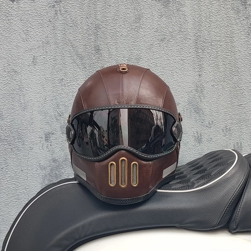 Retro ORZ helmet, fiberglass full face helmet, caf é racing driver, lightweight shell, motorcycle helmet, retro leather