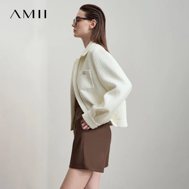 AMII Women's Jackets Classic Turn-down Collar Zipper Tweed Straight Long Sleeve Tops 2026 Autumn New Elegant Woman Coat 12543098