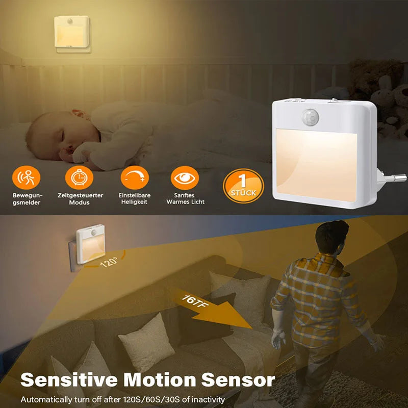 Plug in LED Motion Sensor Night Lights for Kids Bedroom Auto Dusk to Dawn Sensor Dimmable Stair Cabinet Bedside Kitchen Lamp