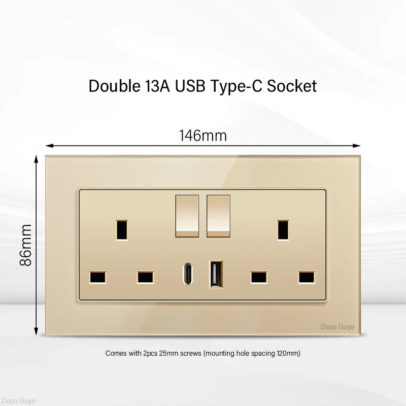Gold UK 13A Tempered Glass Dual Socket,Universal Power Outlet With USB Type C 18W Quick Charge,Home Light Electric Switch Panel