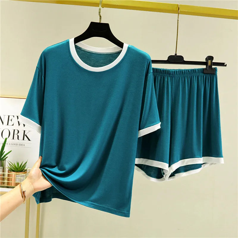 Fdfklak Summer Pajamas Women New Two-Piece Set Modal Round Neck Short-Sleeved Shorts Suit Casual Home Clothes Outside Wear