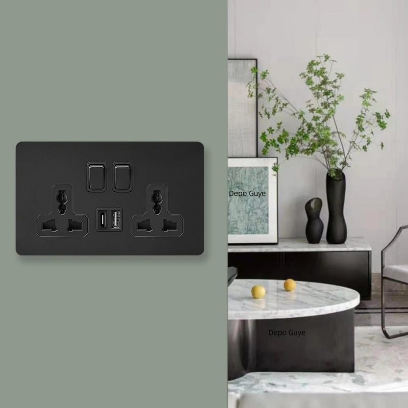 146 Type Retro Metal Panel UK 13A Wall Socket,Bronzed Stainless Steel Power Universal 3-pin Dual Power Socket With USB C charge
