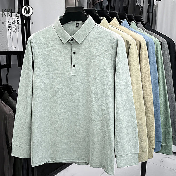 Mens Classic Heather Polo T Shirt Lapel Style Long Sleeve Button Placket Comfort Top For Daily Work And Outdoor Wear