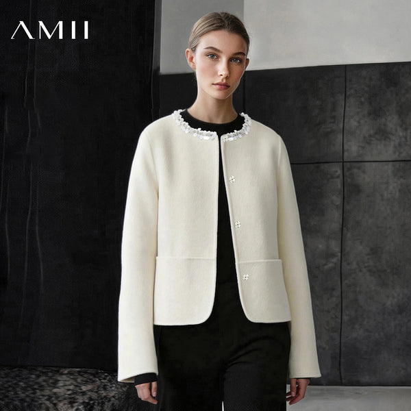 Amii Women's Tweed Coat Double-Faced Wool Crew Neck Relaxed Fit Commuter Minimalist Winter 2026 Coats for Women 12624041