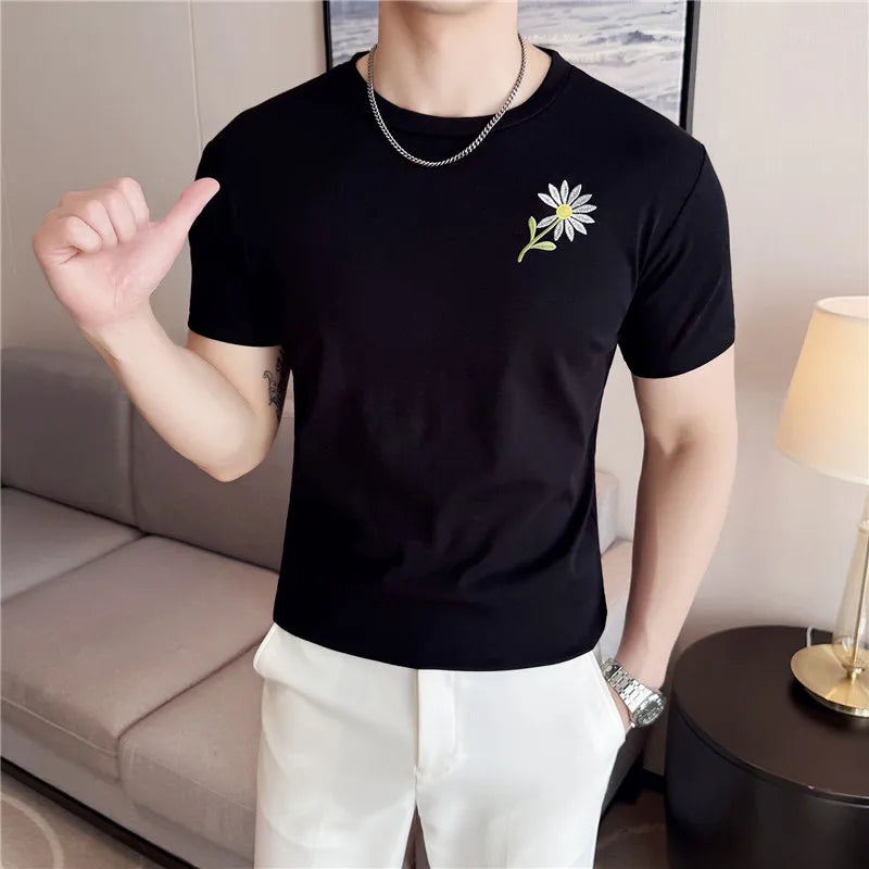 Men's Cotton T-Shirt - Summer Slim Fit Floral Embroidered Tee | 95% Cotton Stretch Crew Neck Casual Top for Youth