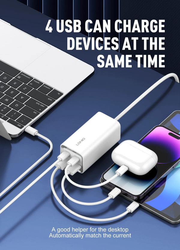 ឆ្នាំងសាក LDNIO 65W GaN USB C ឆ្នាំងសាកលឿនសម្រាប់កុំព្យូទ័រលើតុ 4 ក្នុង 1 សម្រាប់ iPhone 15 14 13 Pro Max Xiaomi Samsung