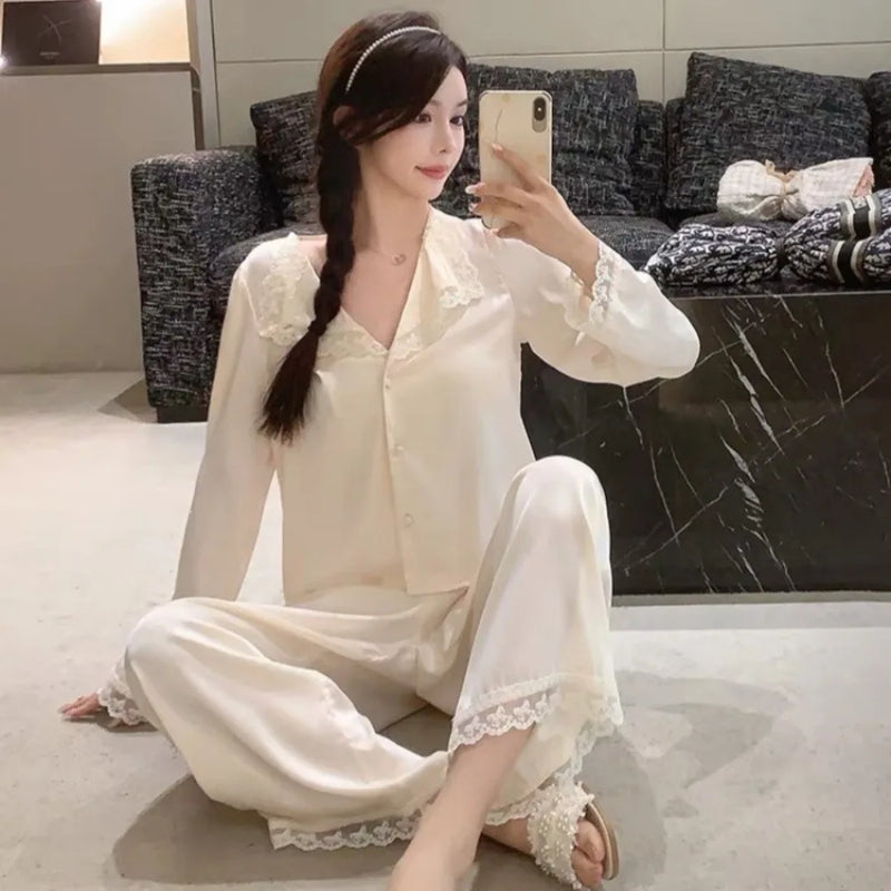 Elegant Sleepwear Women’s Loungewear 2 Pieces Set for Woman Clothes Pajamas New Spring Autumn Long Sleeve Thin Home Clothes Set