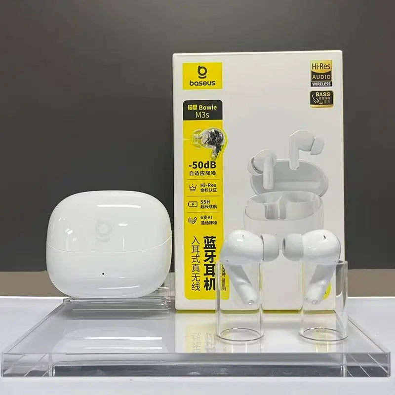 កាសស្តាប់ត្រចៀកប៊្លូធូស BASEUS M3S កាត់បន្ថយសំឡេងរំខានជ្រៅឥតខ្សែក្នុងត្រចៀក គុណភាពខ្ពស់ កាសស្តាប់តន្ត្រីកីឡា ស្លាកមាស ទទួលស្គាល់
