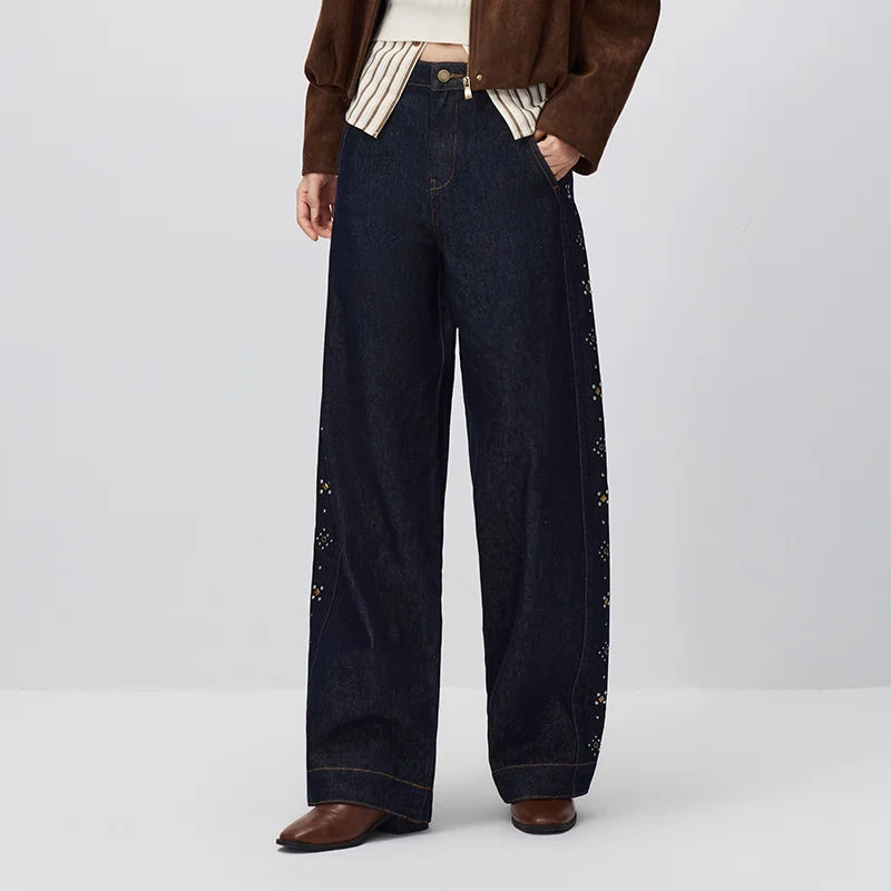 Semir Women Jeans 2026 Rhinestone Patchwork Wide Leg Loose 2026 Autumn Street Style Denim Pants Slim Look Fashion Bottoms