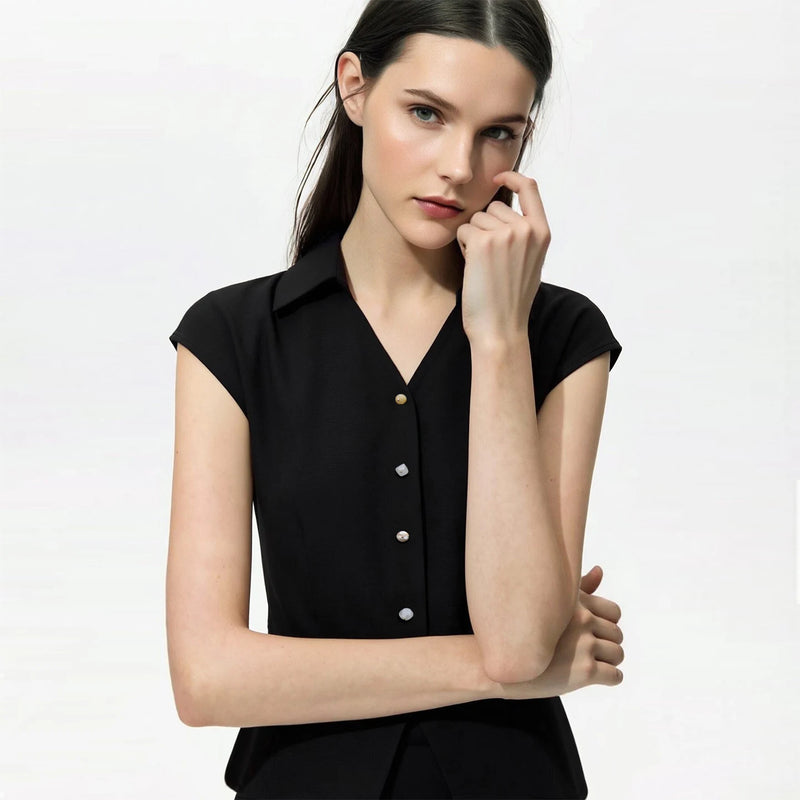 Amii Women's Blouse 2026 Summer New Lapel Collar Cap Sleeve Chiffon Top Women Stretch Office Casual Short Sleeve Shirt 12642095