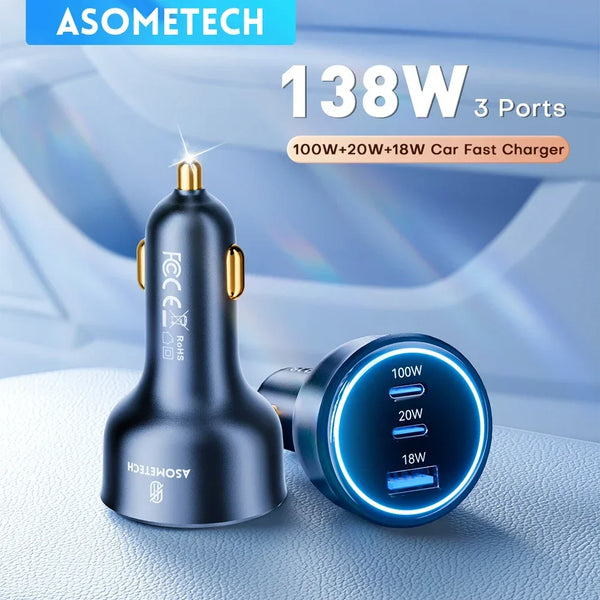 ឆ្នាំងសាករថយន្ត 138W USB Type C រន្ធពីរ USB ឆ្នាំងសាកទូរស័ព្ទលឿន PD សាកថ្មលឿនសម្រាប់ iPhone 14 Samsung Xiaomi iPad កុំព្យូទ័រយួរដៃ ថេប្លេត