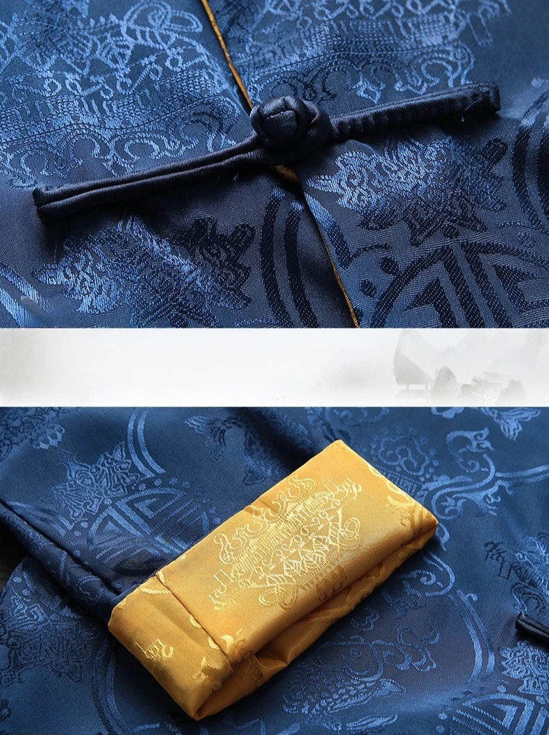 Men's Blue Two-piece, Tang-style Suit: A Chinese-style Single-breasted Stand-collar Jacket in Jacquard Fabric Paired with Pants.