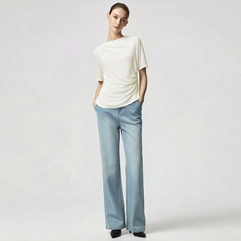 Amii Women's T-Shirt 2026 Summer New Boat Neck Acetate Asymmetric Pleated Stretch Top Fitted Waist Casual Short Tee 12652084
