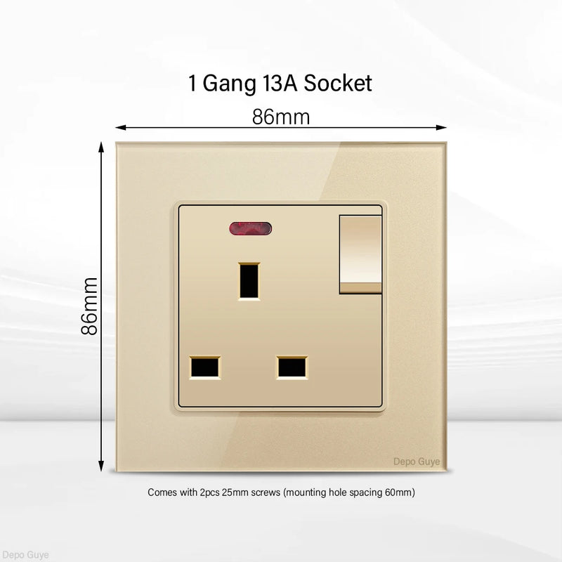 Gold UK 13A Tempered Glass Dual Socket,Universal Power Outlet With USB Type C 18W Quick Charge,Home Light Electric Switch Panel