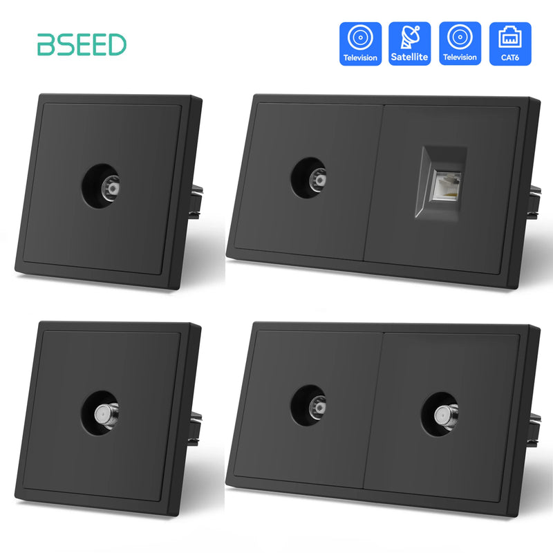 BSEED EU Standrad Wall Power Socket TV Plug RJ45 Internet Socket Satellite Outlet Glass Panel TV Telephone Computer