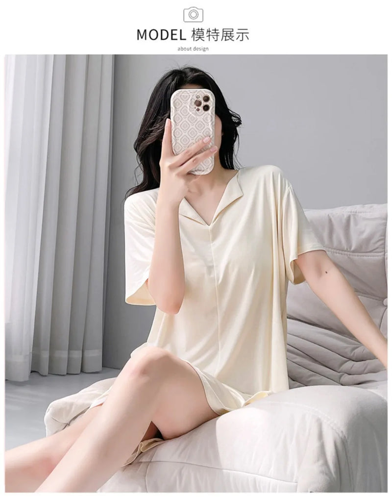 Elegant Chest Pad Short Sleeve Sleepwear Women's Nightgowns One Piece Pajamas Dress Solid Color Summer Thin Loungewear Female