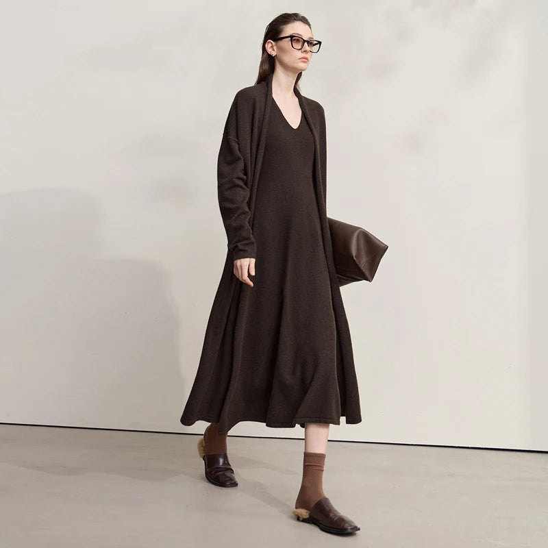 AMII Womens Dresses 2026 Autumn New Casual Elegant Ladies Clothing V-neck Sleeveless Knitted A-shaped Dresses For Woman 12543159