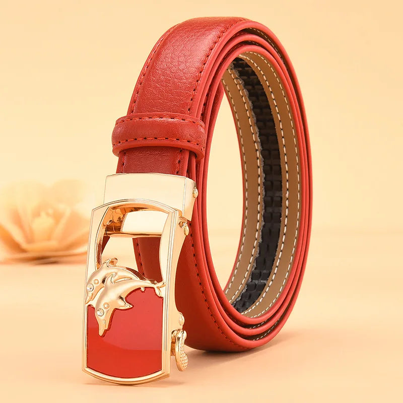 Red Women's Automatic Buckle Belt, Fashion Casual Belts Cinturon Male Waistband White Black 90cm-115cm