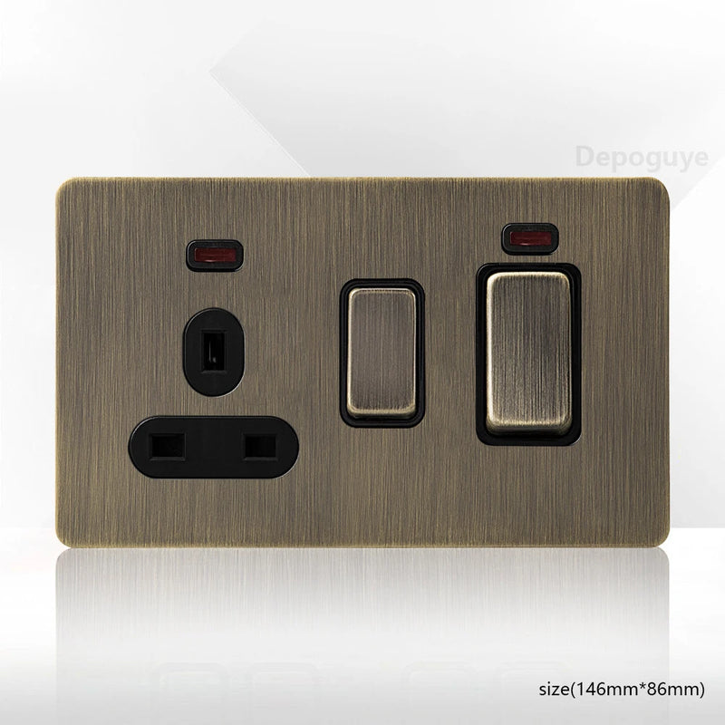 Retro Metal Brushed Antique Stainless Steel Push Button Switch Panel UK 13A Socket with USB Phone Charging for Home Improvement