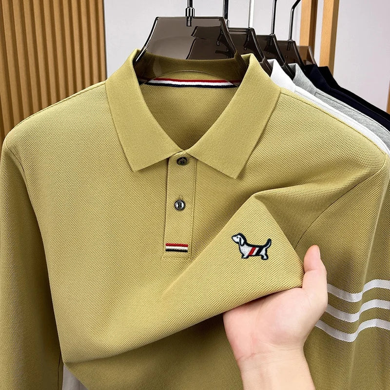 Best Seller 100% Cotton Man Long-Sleeved Polo Shirt Lapel Button Dog Embroidery Autumn Winter New Tops Leisure Men's Clothing