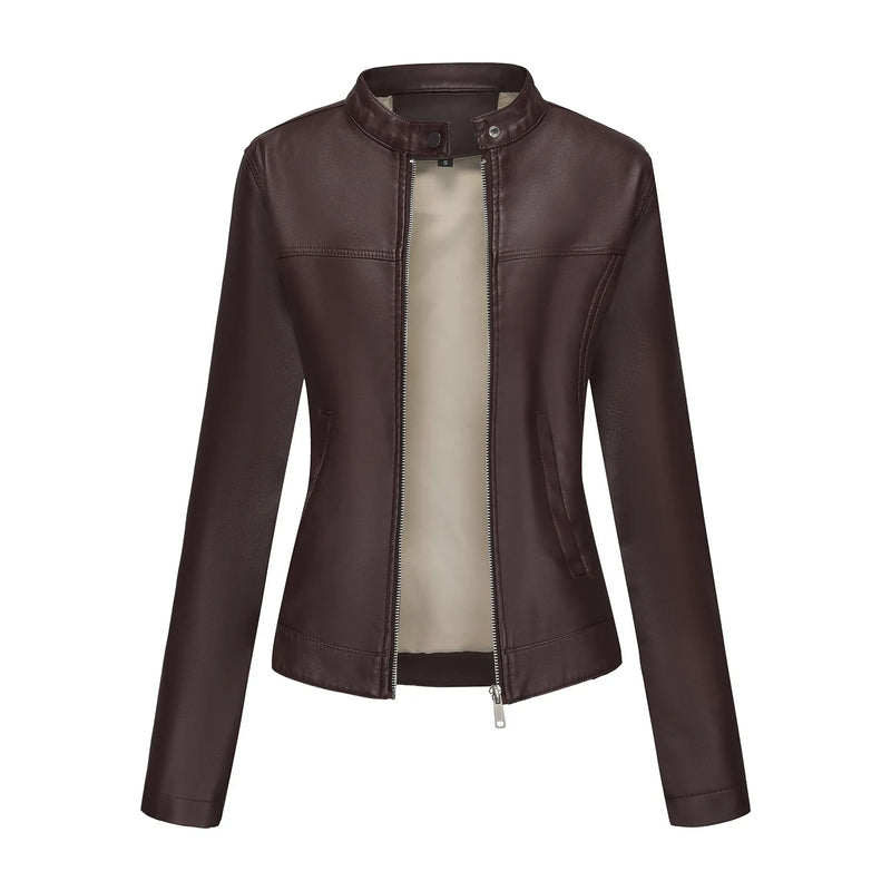 2026 New Women's Black Fitted Leather Jacket with Front Zipper & Side Pockets‌, Available in Brown, Navy Blue, and Beige.