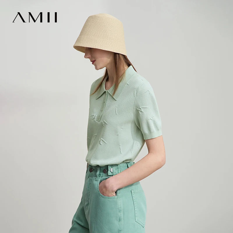 អាវយឺតដៃខ្លី Amii Minimalist សម្រាប់នារី រដូវស្លឹកឈើជ្រុះ ឆ្នាំ២០២៦ ថ្មី POLO ក អក្សរ Jacquard អាវច្រើនមុខងារ 12542136