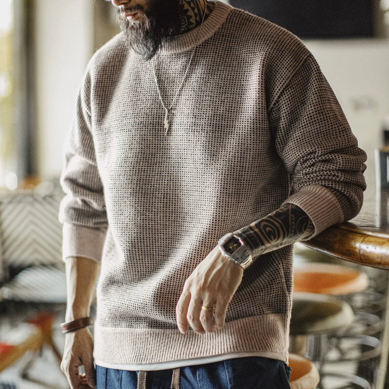 Maden Men's Vintage Grey Crew Neck Sweater Knit Warm Pullover for Autumn and Winter Jumpers Casual Top for Layering Knitwear