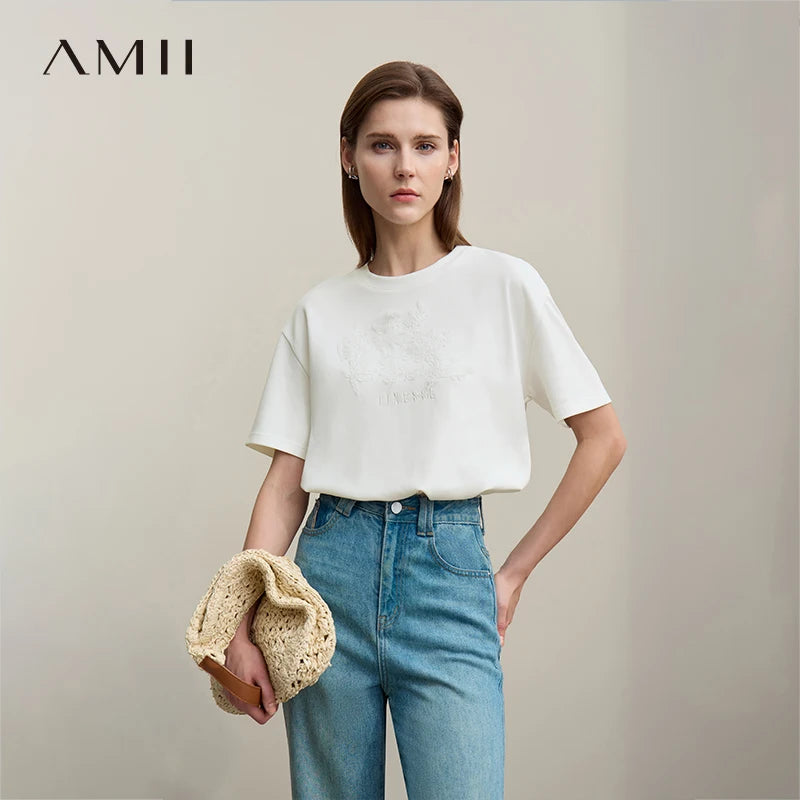 អាវយឺត Amii សម្រាប់នារី រដូវក្តៅ ឆ្នាំ២០២៦ កមូល ស្មាធ្លាក់ កប្បាស អាវយឺតប៉ាក់ ចរ អាវប៉ាក់រាងរលុង 12622048