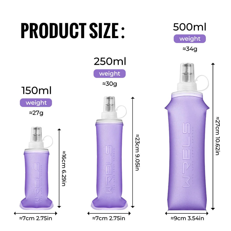 WRELS Soft Water Bottle Collapsible Soft Flask TPU Running Water Bottle Foldable Water Bag BPA-Free Sports Soft Water Flask
