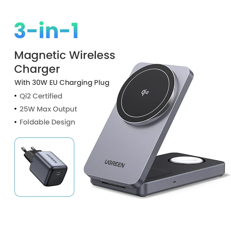 UGREEN 3-in-1 MFi 15W MAX Magnetic Wireless Charger Qi2 Certificated Charging Stand For iPhone 16 17 Pro Max Fast Charger