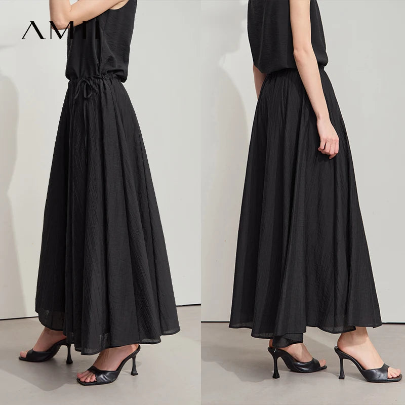 សំពត់ Amii ថ្មី Minimalist ប្រវែងជង្គង់ A-Line សម្រាប់នារី ស្លៀកជាមួយខ្សែចង ពណ៌រឹង អាចលៃតម្រូវបាន ស្ទីលធ្វើដំណើរ សំពត់រលុង 12522025