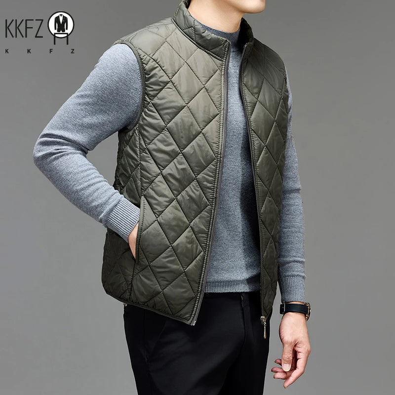 Outdoor Style Mens Quilted Vest Stand Collar Zip Up Light Padded Gilet Warm Sleeveless Waistcoat Winter Layering Top