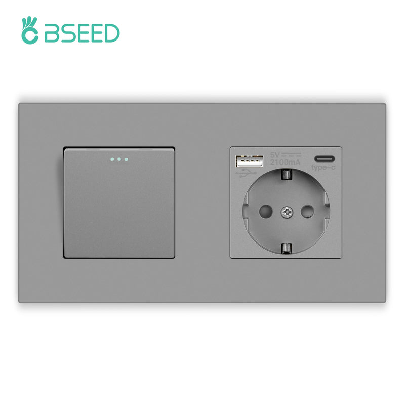 BSEED Mechanical Button Switches With Power Socket 1/2/3Gang 1Way Plastic Panel Electrical Outlets USB Type-C Wall Socket 16A