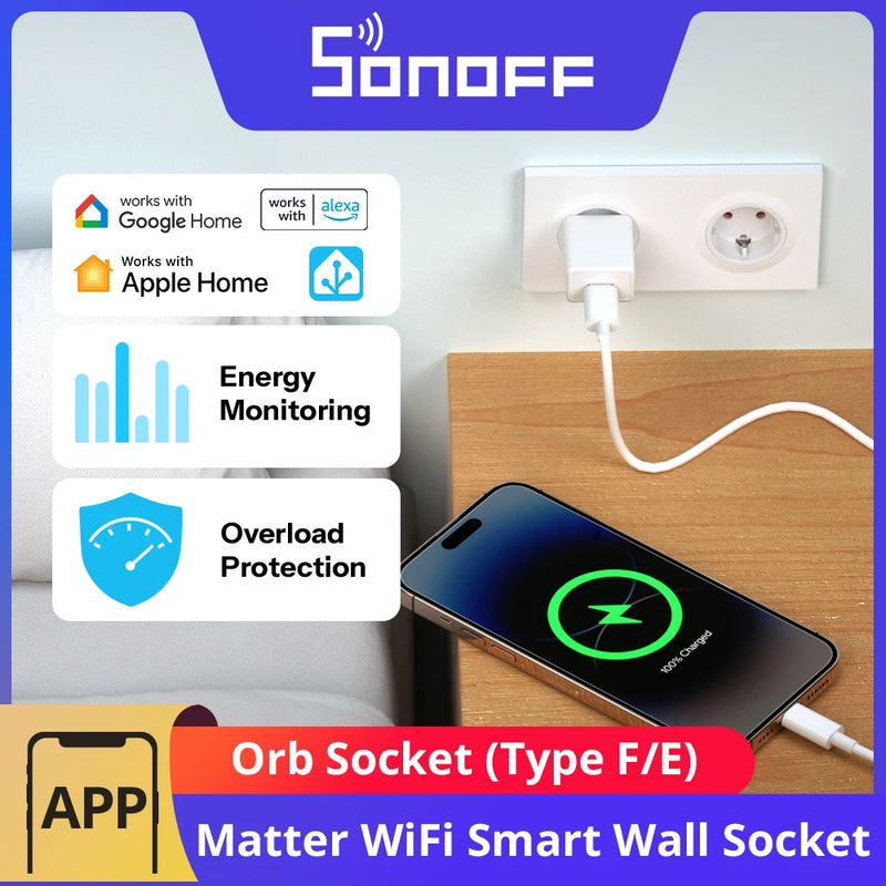 SONOFF Orb Socket Type F/Type E Matter Over WiFi EU Smart Wall Plug Energy Monitor Electricity Bill Tracking Overload Protection