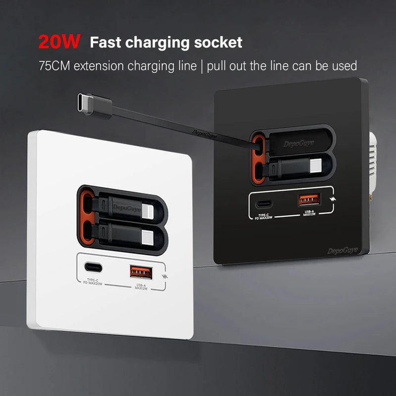 EU Universal  20W USB C Smart Socket Panel With Dual Type-c Fast Charge Ports  Outlet,Mobile phone charging Type-c Socket