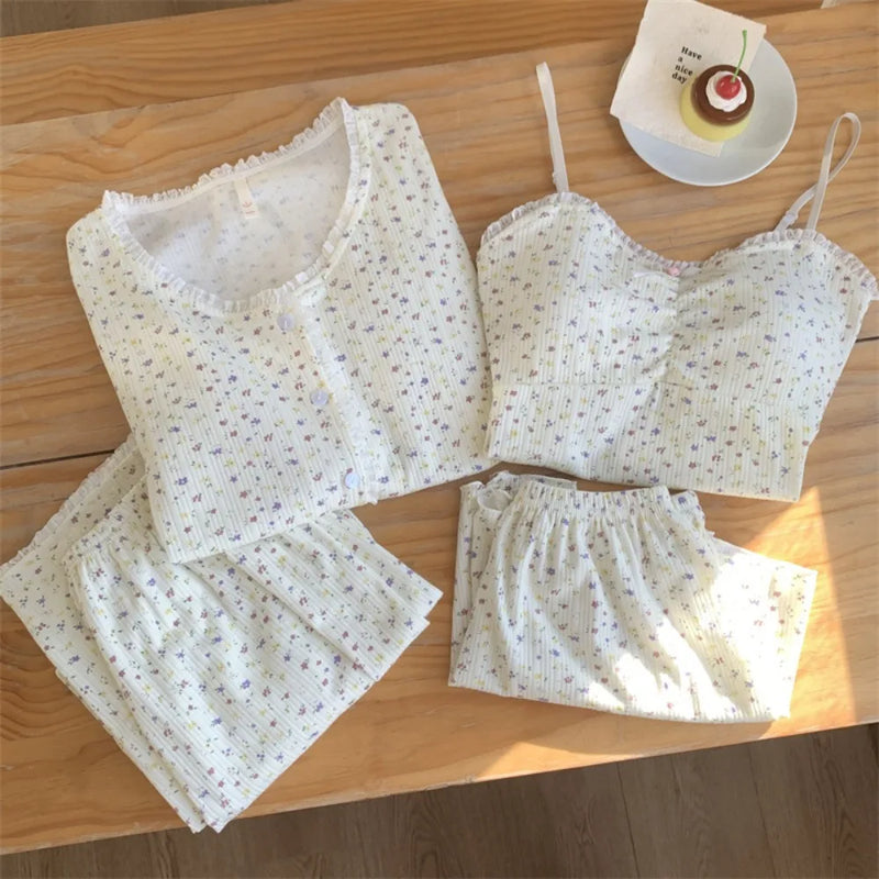 Women’s Loungewear Night Wear for Ladies Nightie Female Clothing Chest Pads Four-piece Pajamas New Spring Autumn Pyjama Pijama
