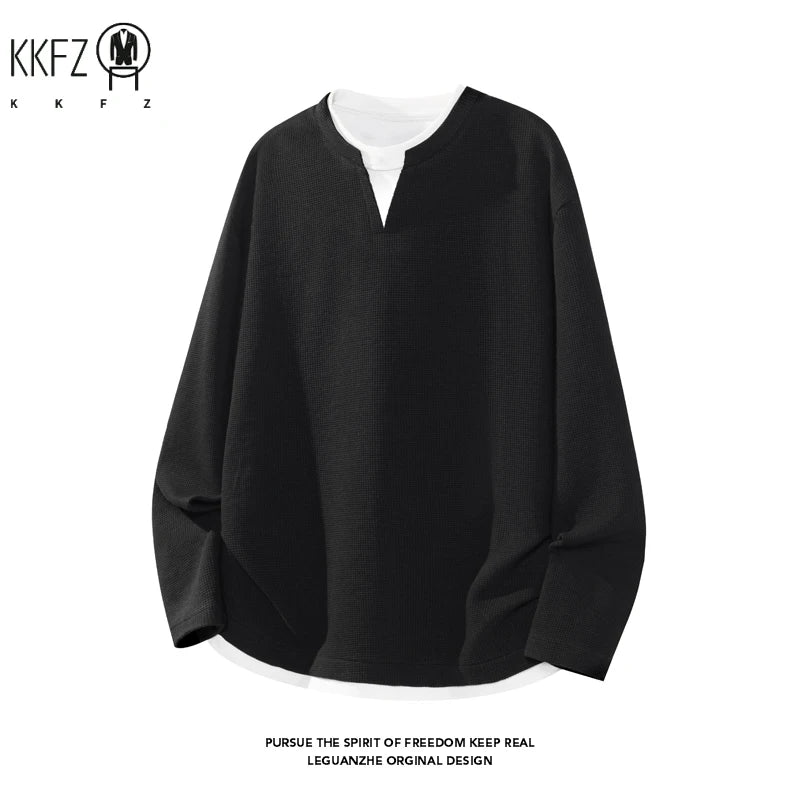 Men's Waffle Knit Fake Two���Piece Long Sleeve T���Shirt Notch V���Neck Drop���Shoulder Loose Fit Casual Layered Look Tops