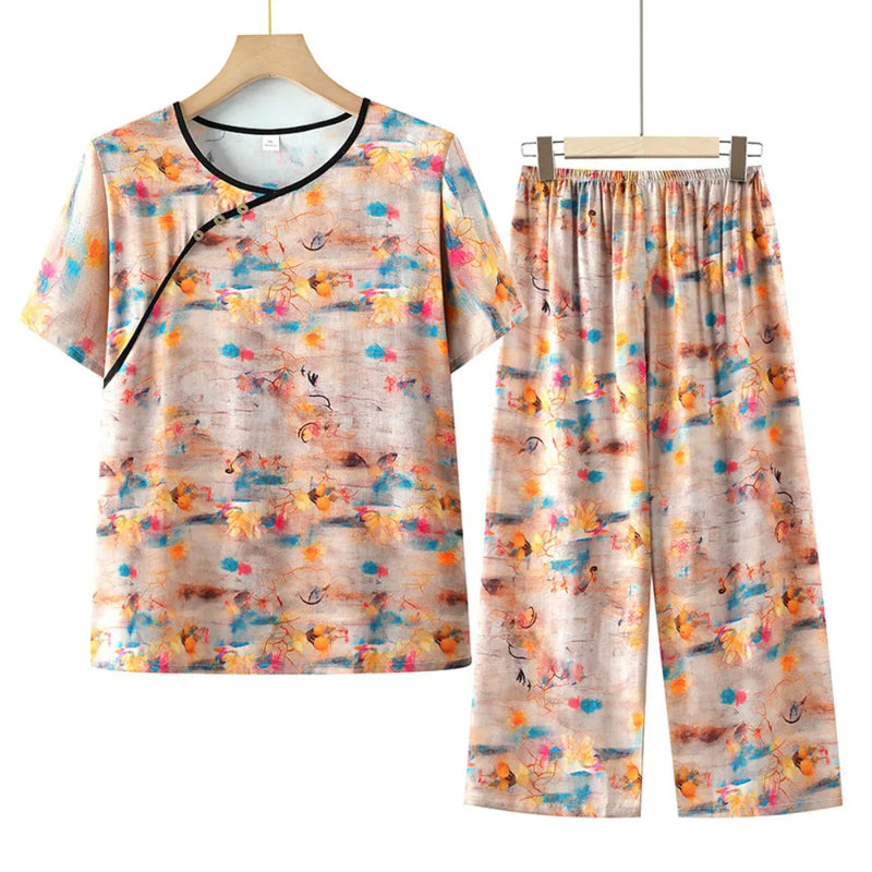 Thin Middle-aged Summer Pajama Set Floral Night Wear for Ladies Sleepwear Loose Soft Short Sleeve Nightwear for Woman Pijama
