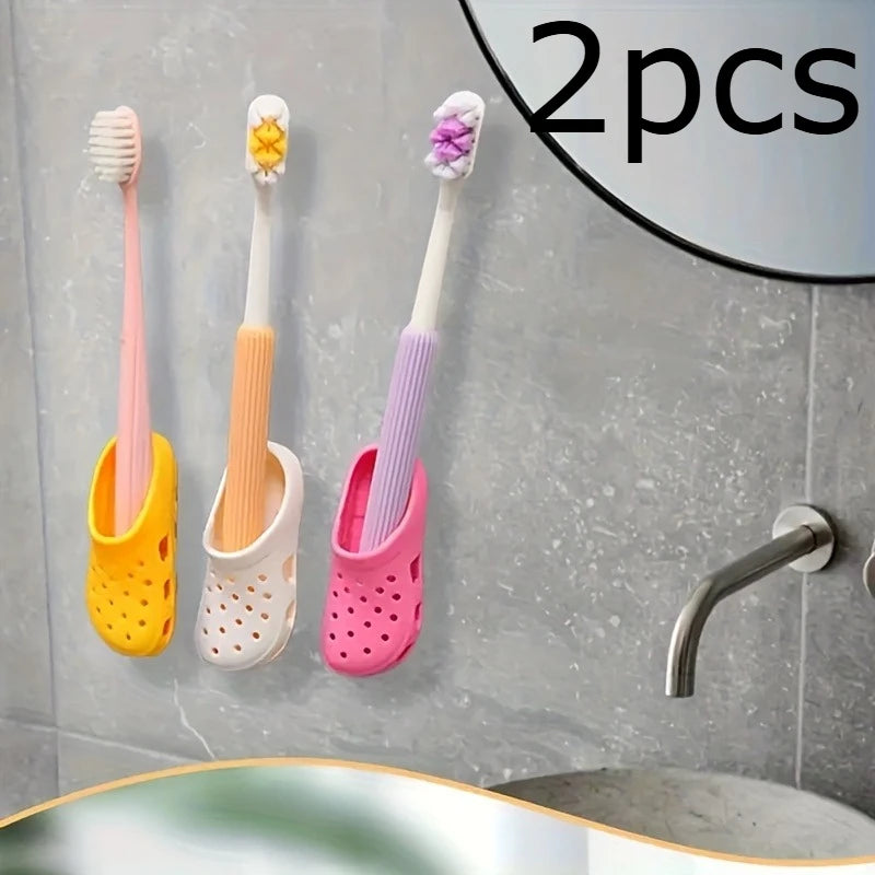 2pcs Colorful Mini Slippers & Toothbrush Storage Box - Wall-Mounted, No-Drill, Durable Plastic Bathroom Organizer