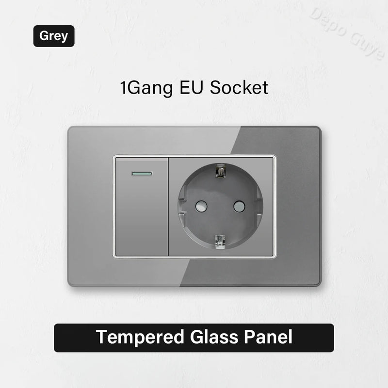 Type 118 Grey Tempered Glass Panel EU Wall Light Switch,Europe Wall Socket With USB Type-c 18W Quick Charge Outlet 118*75mm