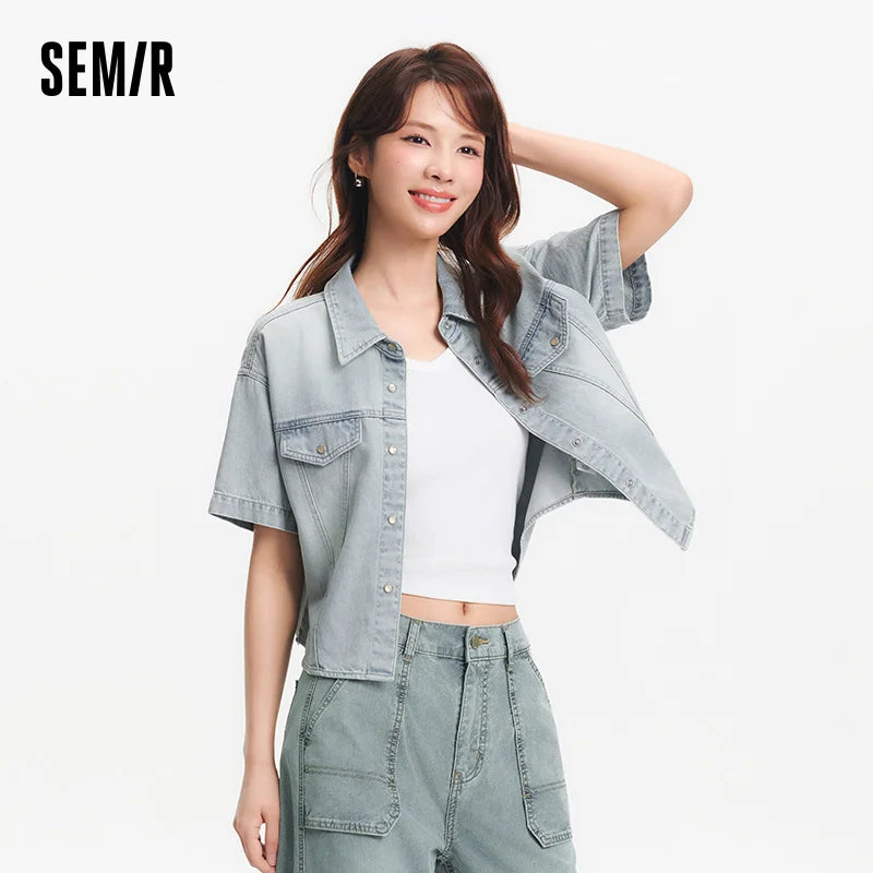 Semir Women Shirt Denim Short Length Loose Drop Shoulder Slit Slim Fit Cool Petite Street Style Top 2026 Summer Fashion Casual W