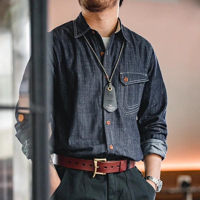Maden Retro Thin Long-sleeved Denim Shirts Single-breasted Lapel Collar Stitch Design Cotton Men's Spring and Autumn Blouses