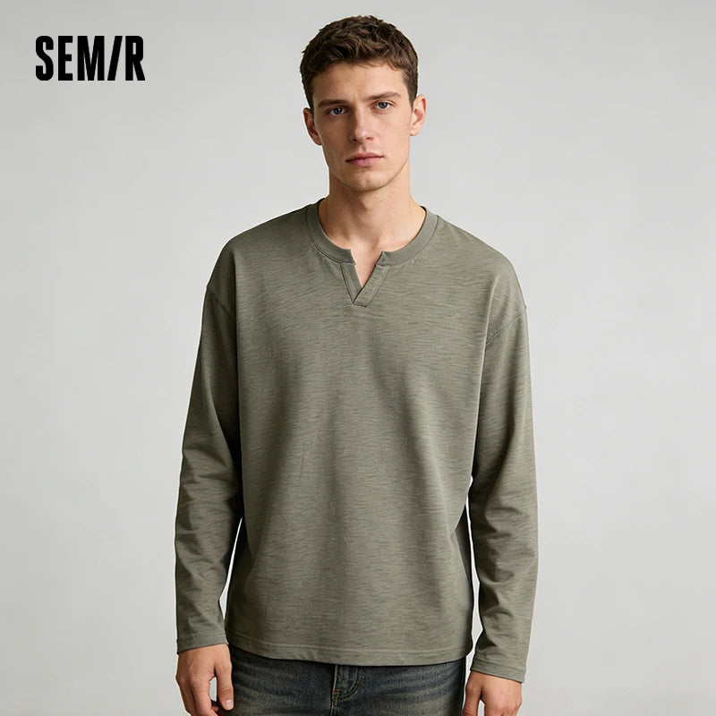 Semir Versatile Tshirt Men 2026 Spring Solid Color Small V Neck Loose Commute Basic Casual Comfortable Inner Layer Top