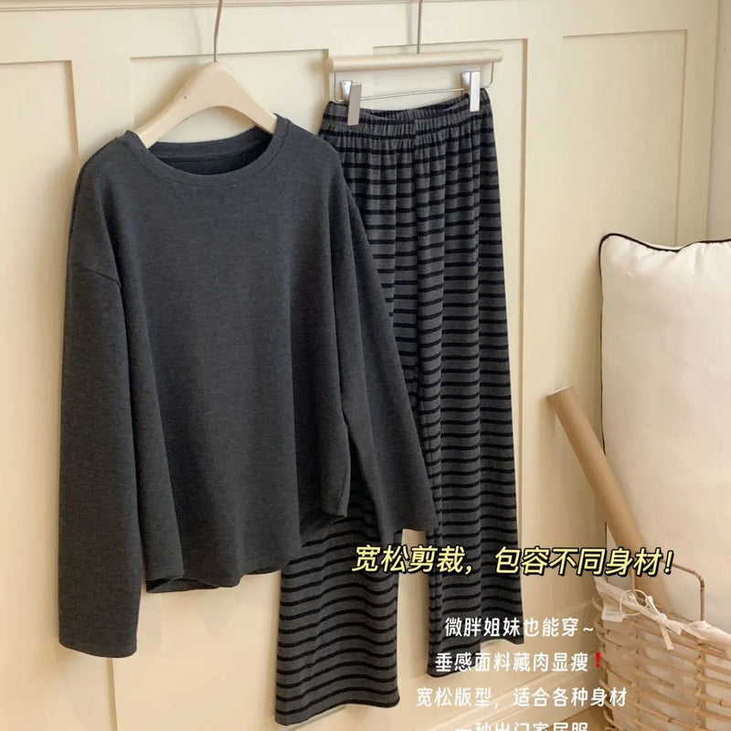 Casual Striped Long Sleeve Pant Suit Velvet Fleece Warm Sleepwear Women's Pajamas Autumn Winter Home Clothes Pyjamas d'hiver