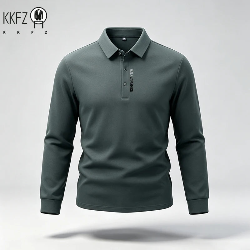 Male Trendy Lapel Collar Polo Top Long Sleeve Button Placket Letter Print For Short Trip Social Meetup And Street Fashion Wear
