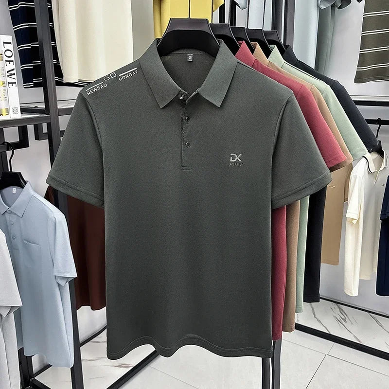 Mens Classic Short Sleeve Polo Shirt Lapel Style Chest Embroidery Detail Breathable Top For Daily Commute And Outdoor Use