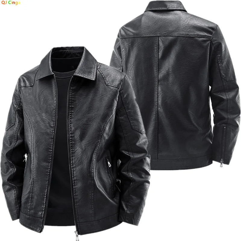 2026 Autumn/Winter Men's Fashionable Leather Jacket, Slim Fit, Lapel Collar, Zipper Front, Casual Style