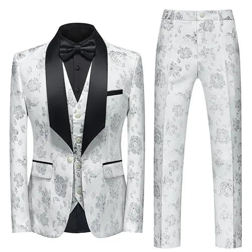 Men's Blue Jacquard Fabric Suit 3-Piece, Fashion Slim-Fit Blazer Jacket Trousers Vest, Spring  Autumn New Men Sets, Asian Size